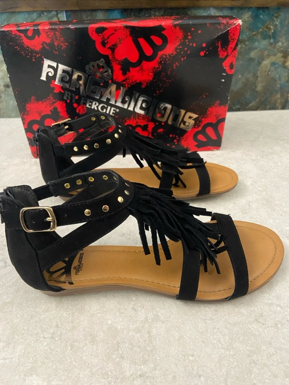 Sale! Fergalicious Black Leather Fringe Gold Studded Gladiator Sandals, size 7M - Picture 7 of 14